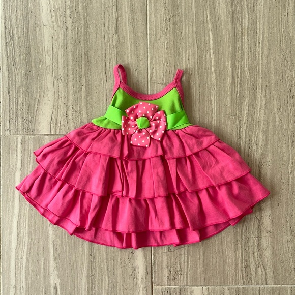 Mud Pie Baby Little Sprout Pink and Green Ruffle Ribbon Dress - Picture 1 of 4